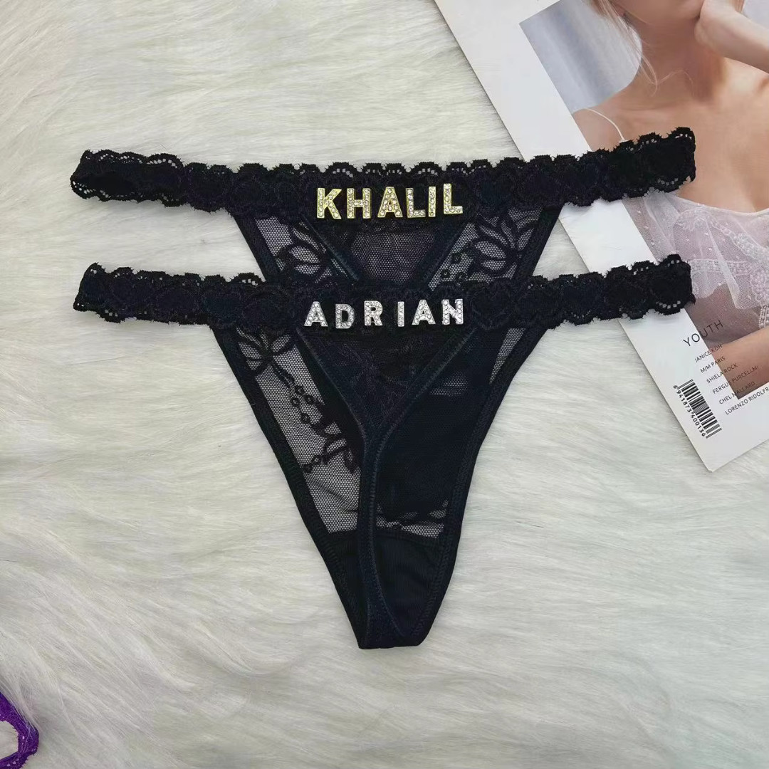 2 PIECES Customized Rhinestone Letter Lace Thong Panties Personalized Underwear
