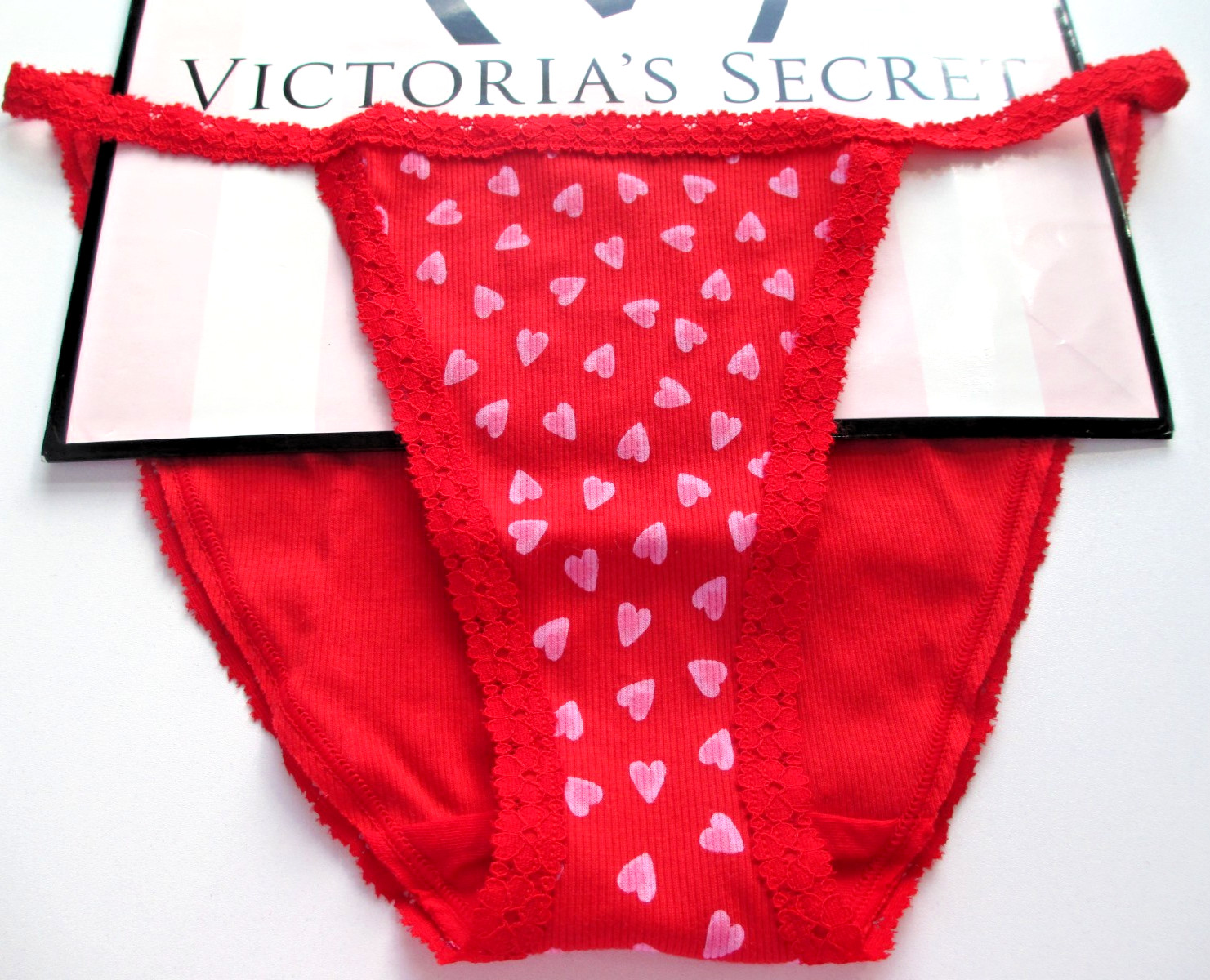 VICTORIA’S SECRET PINK Cotton String Bikini Panty S M L XL Red Hearts Lace Trim