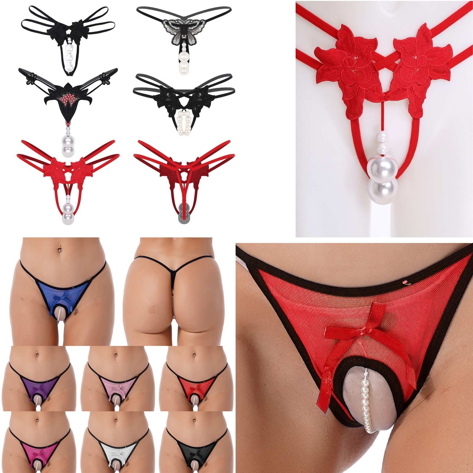 US Women Faux Pearls G-String Thongs Spaghetti Waist Open Crotch T-back Comfort