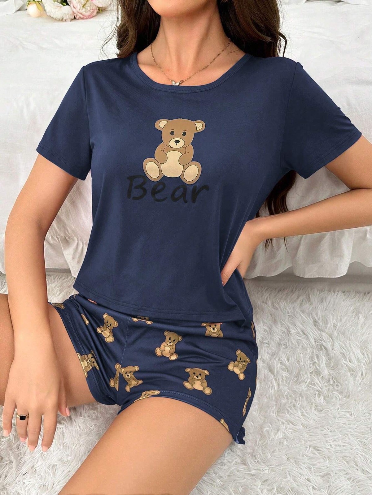 Comfy Plus Size Bear Print Short Sleeve T Shirt and Shorts Pyjama Set Cheap24