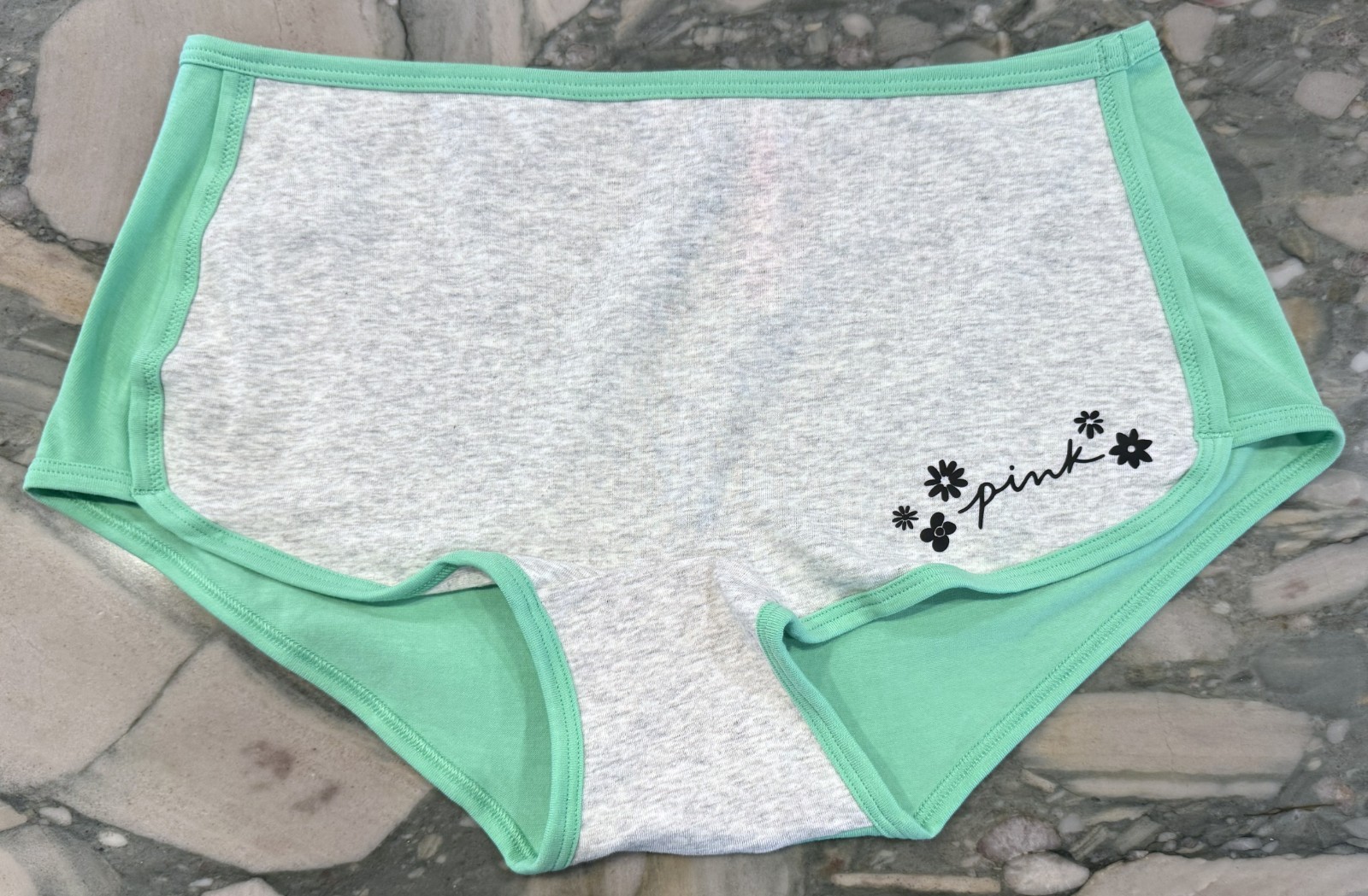 NEW Victoria Secret PINK Cotton Trim Boyshort – Stone Grey & Green Spring – XL