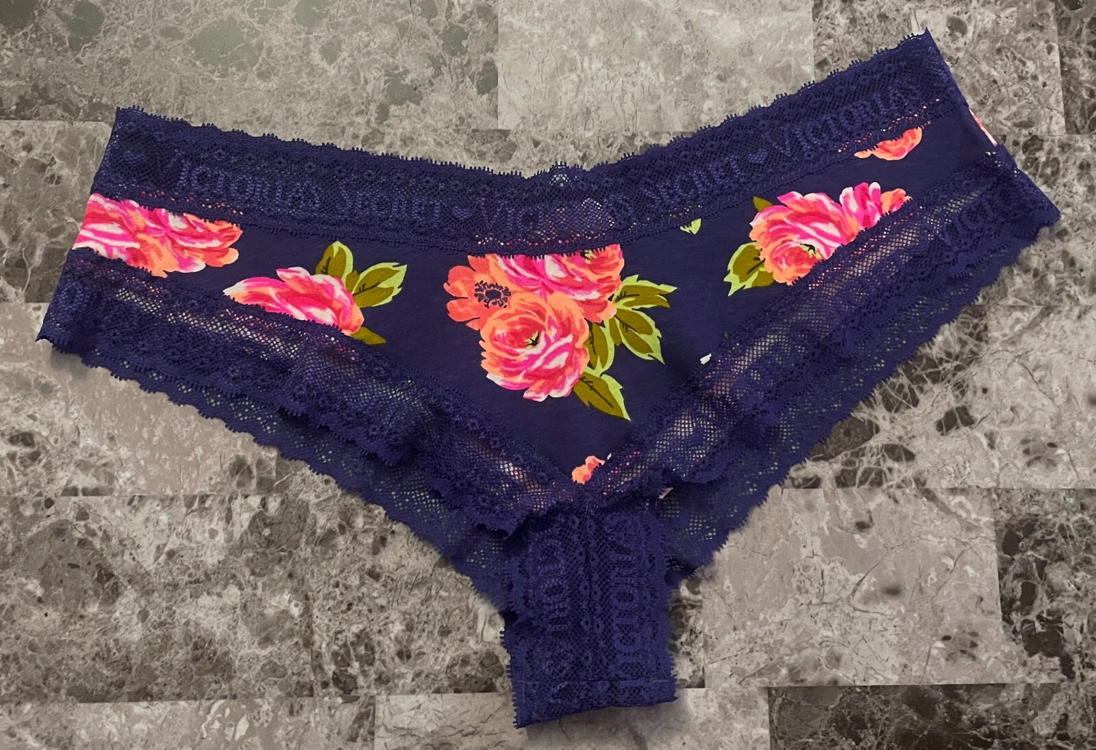 NWT VICTORIA’S SECRET LARGE BLUE PINK ROSE FLORAL LOGO LACE RARE CHEEKY PANTIES