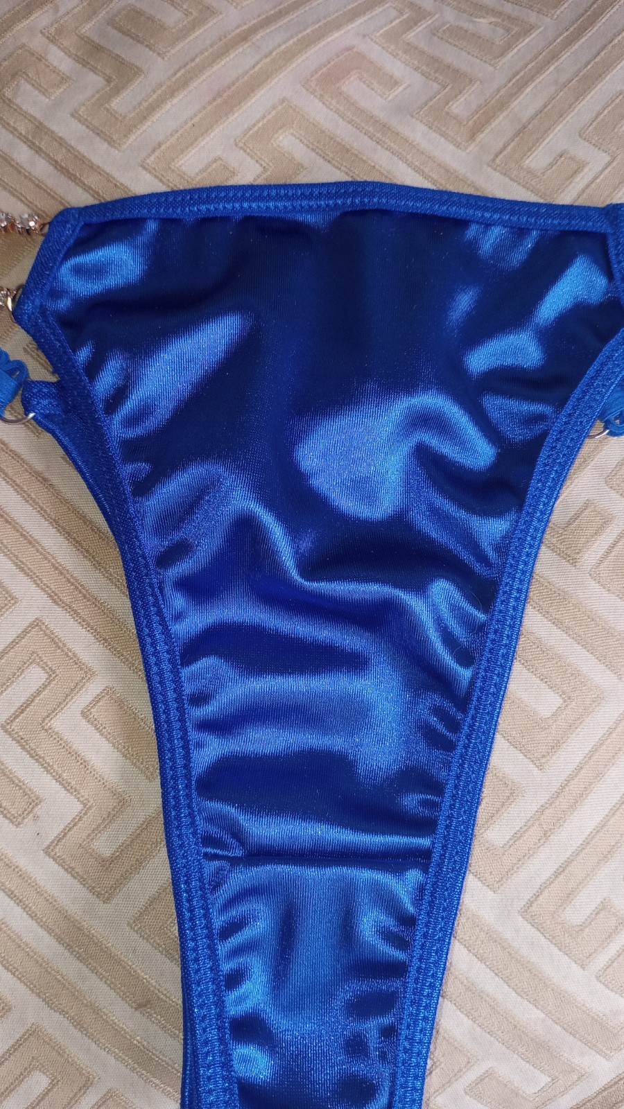 Vtg Blue Satin Thong String Bikini rhinestone double strap L