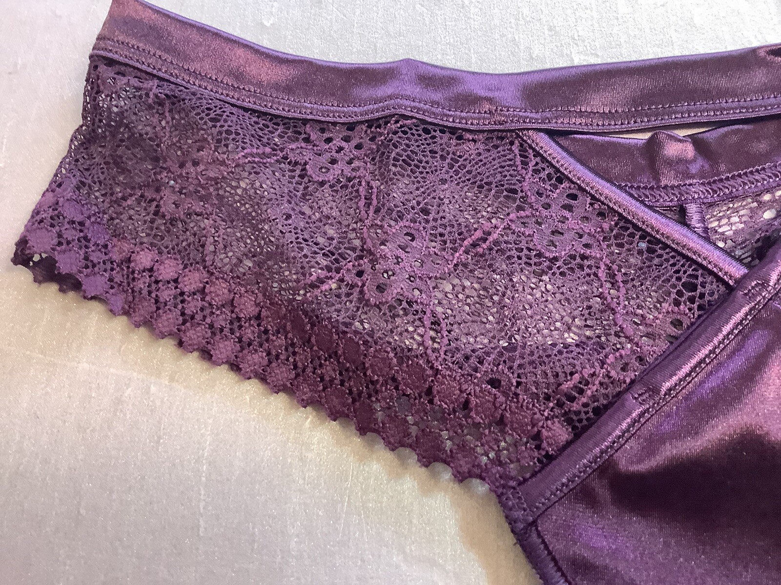 Women Panties Bikinis ILUSION Size M. Purple Satin & fishnet Floral Soft Mexico