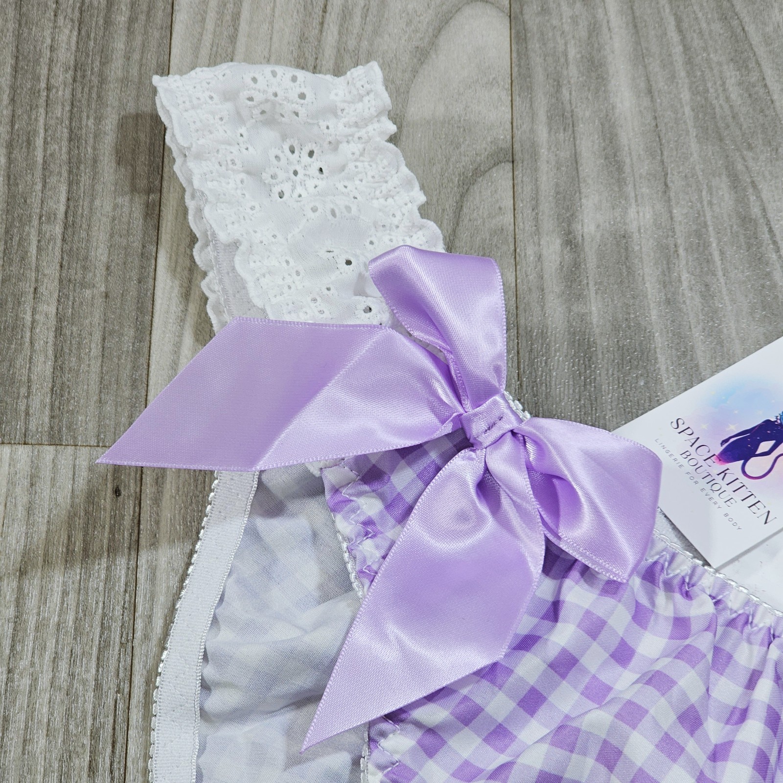 Gingham Bikini Panties Satin Bows & Eyelet Lace Sides, Purple/White, Size XL