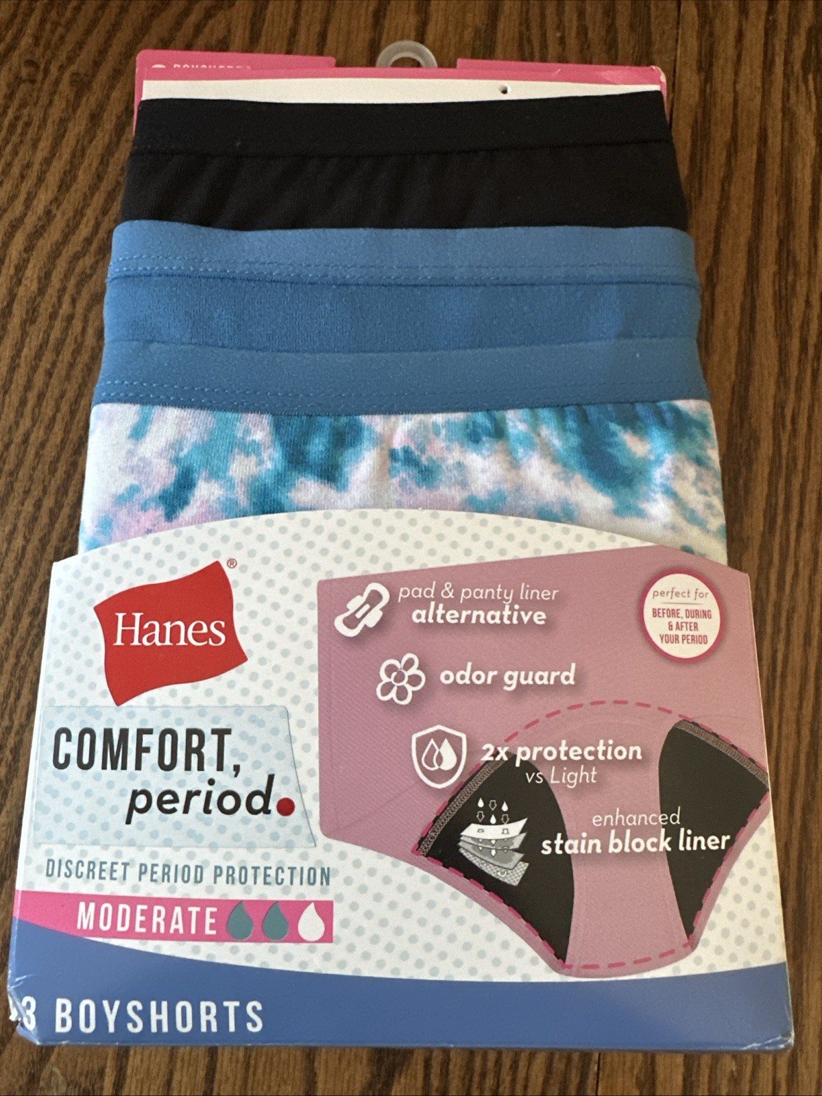 Hanes Comfort Period Underwear 3 Pack Boyshorts Size 9 NWT Moderate Protection
