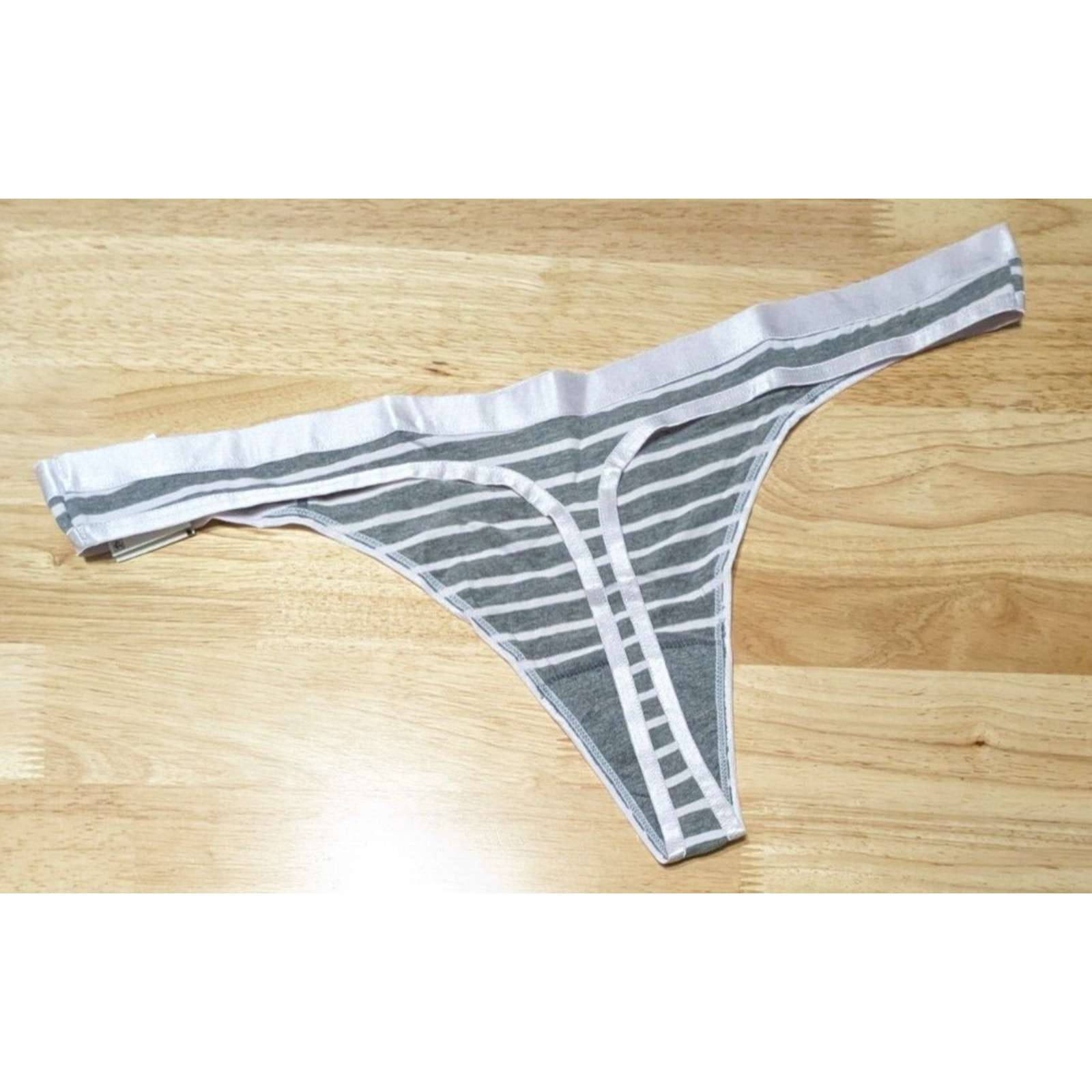 Jenni Women’s Lilac Purple Satin Trim Gray Stripe Thong Panty Underwear, XXXL