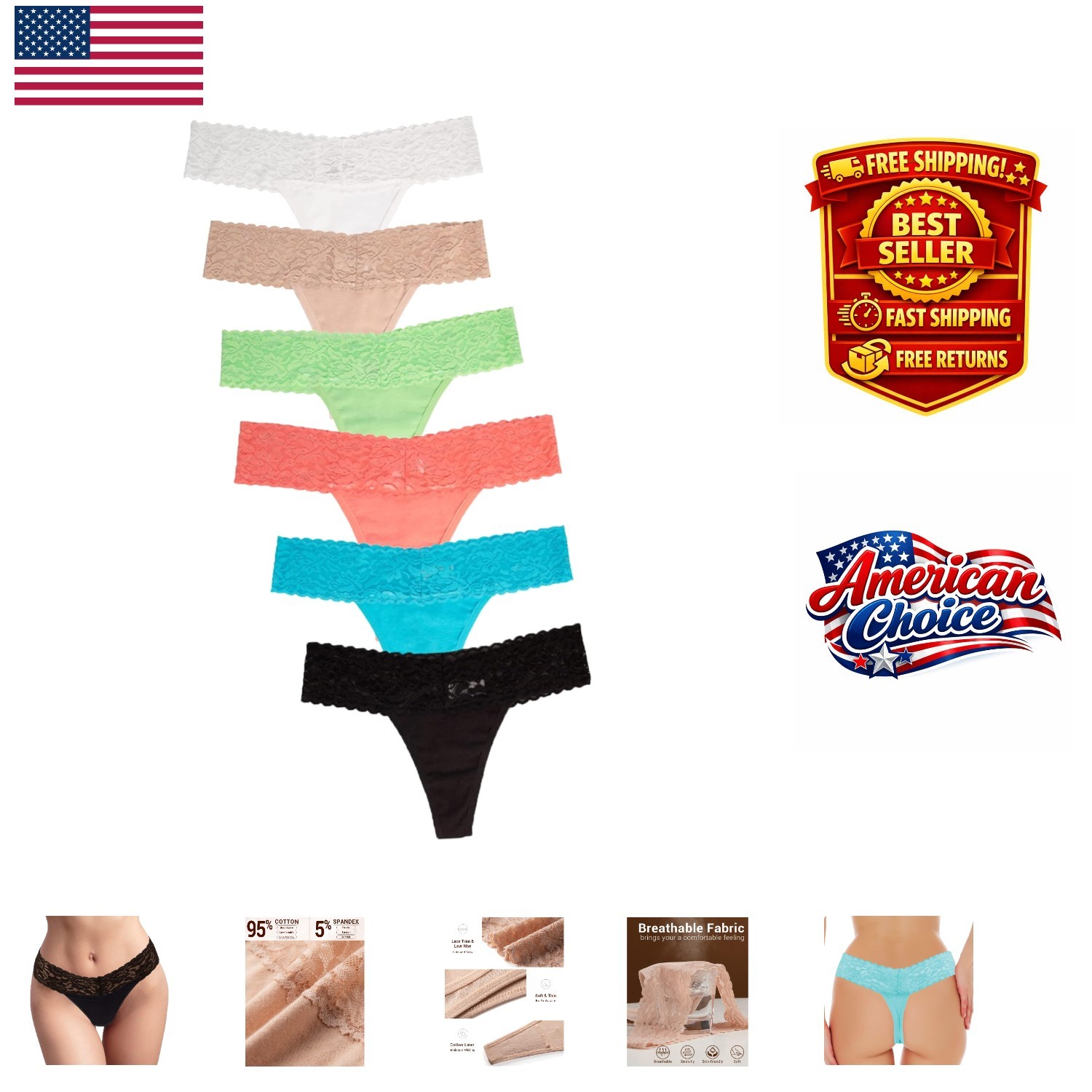 Comfort & Style with Lace Thongs – 6 or 12 Pack Low Rise Cotton Underwear