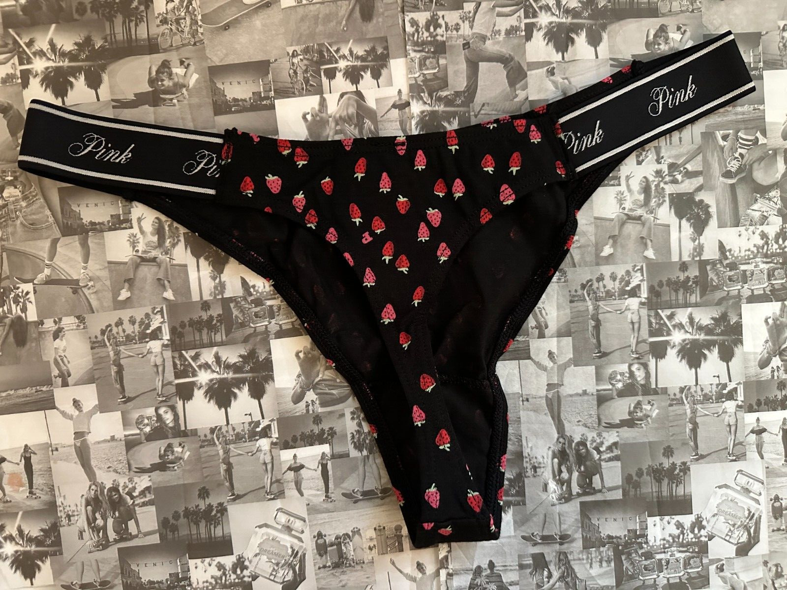 NWT Victoria’s Secret PINK Elastic Logo cotton Thong Panty Black Strawberry L