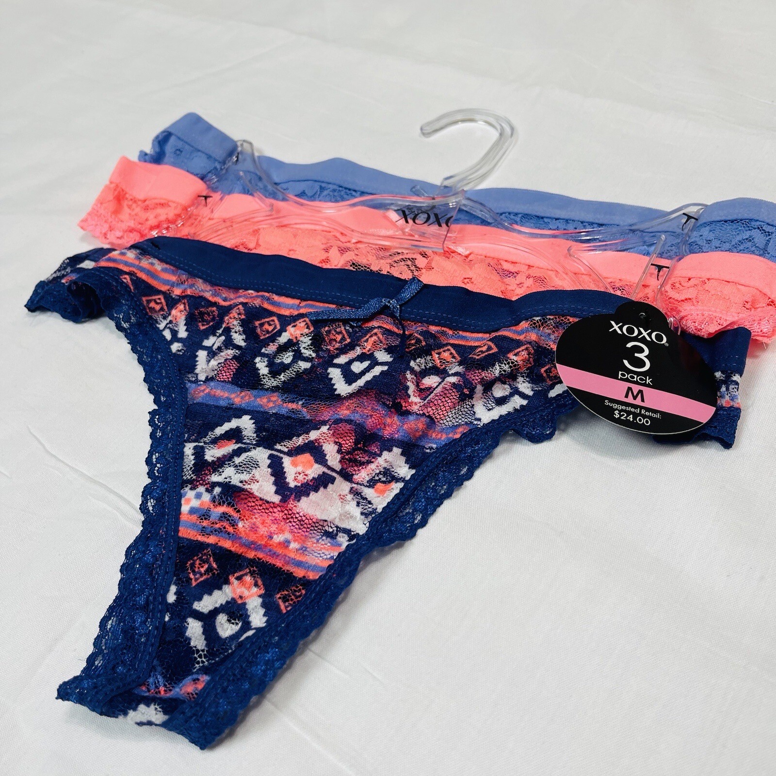 3 Pair XOXO Women Sexy THONGS Lace Panties Multicolor Floral MEDIUM