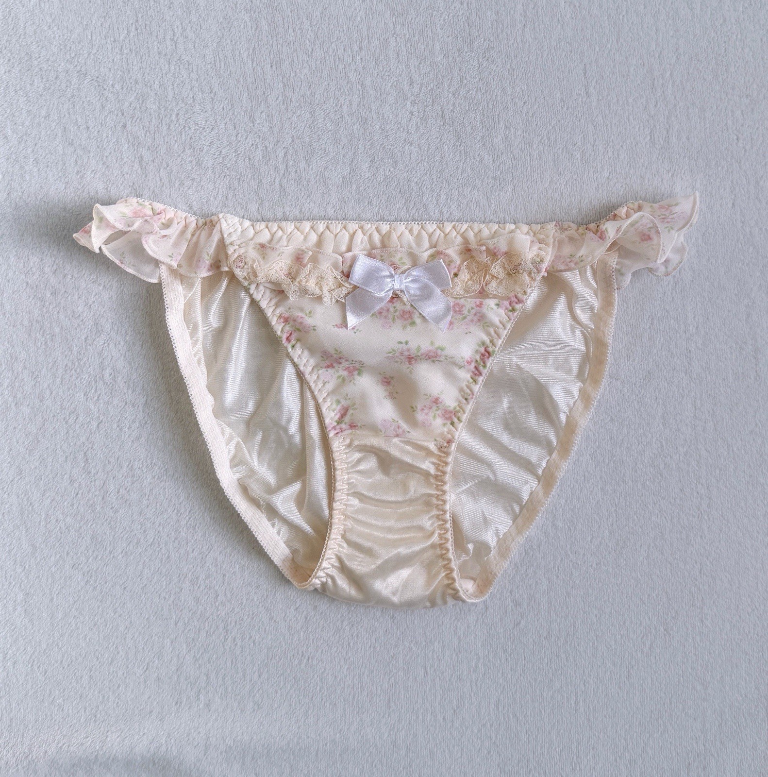 US-M Japanese Cute Bow Sweet Pink Rose Chiffon Ruffle Shiny Tricot Nylon Panties
