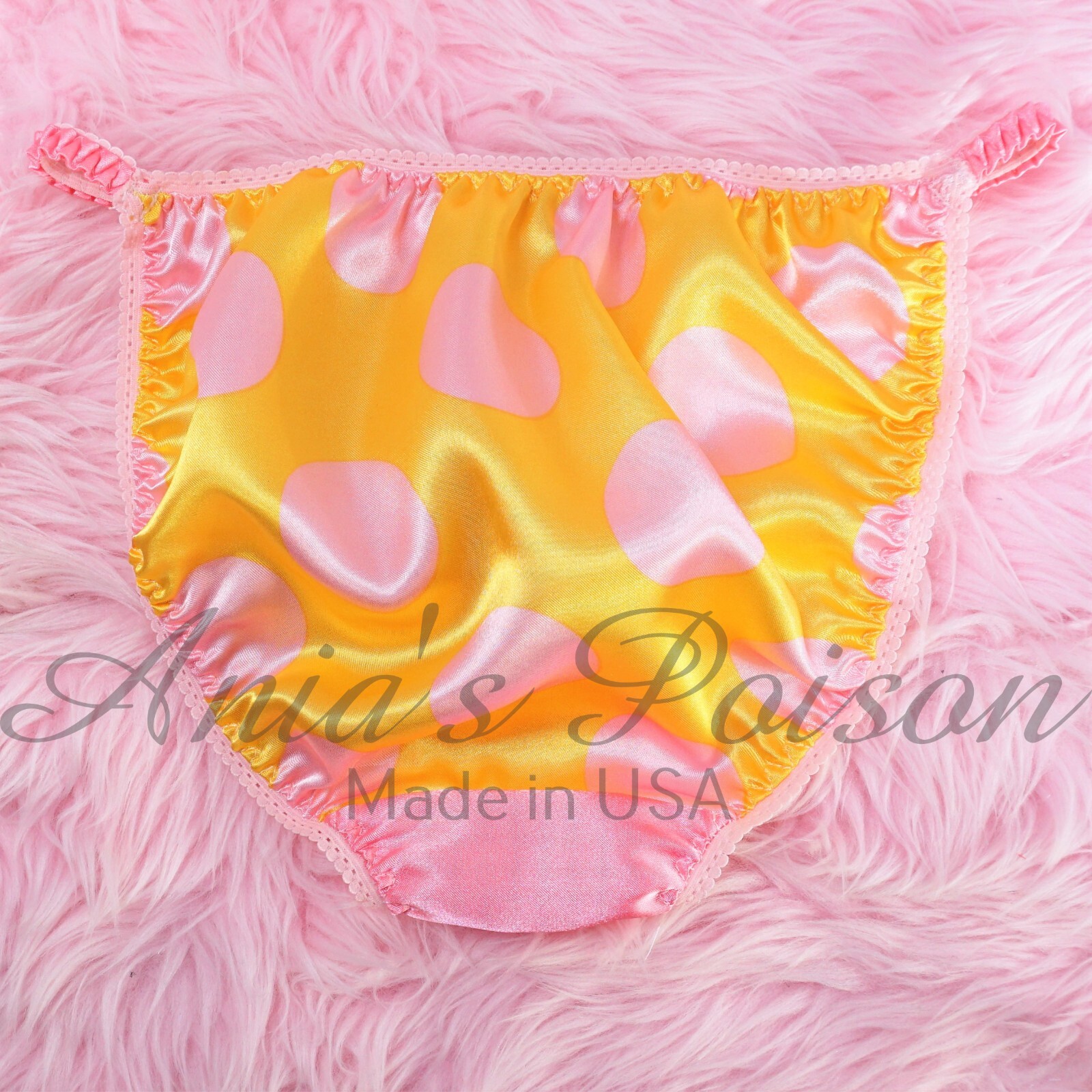 Yellow Pink Polka Dot Satin Sissy DUCHESS CUT shiny ladies string bikini panties