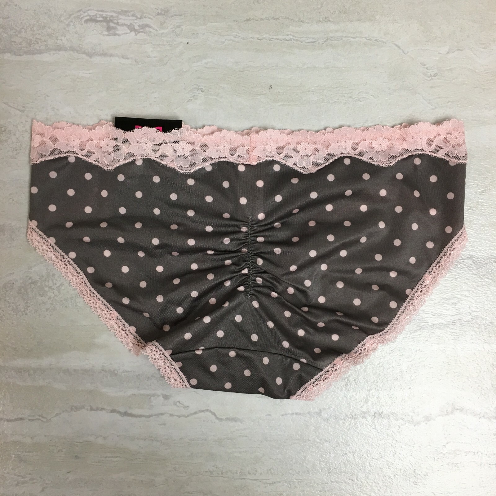 Maidenform Women’s Micro Cheekini with Lace, Gray/Pink Polka Dot, Size S/5, NWT
