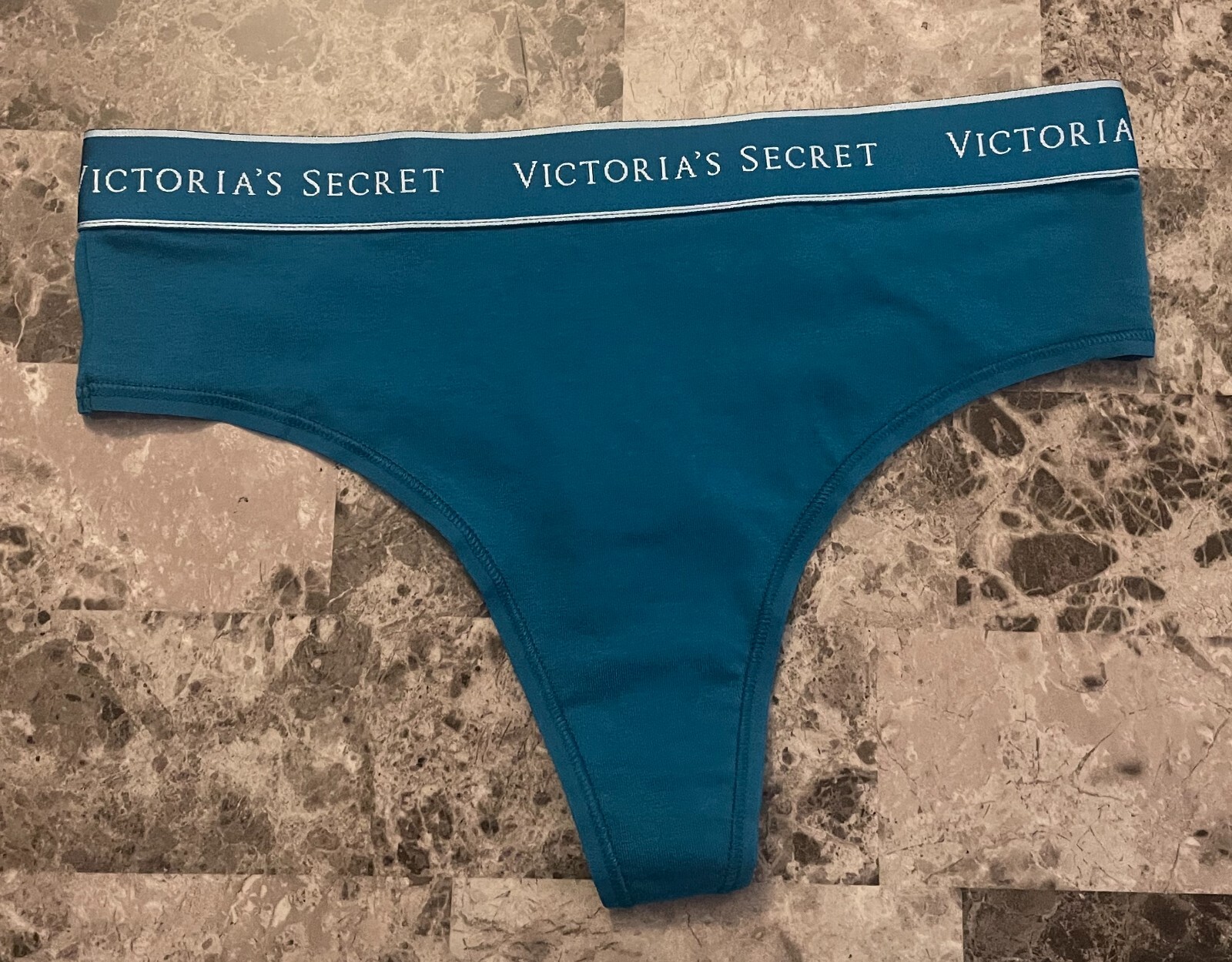 NWT VICTORIA’S SECRET TURQUOISE BLUE THICK LOGO WAISTBAND HIGH LEG THONG PANTIES