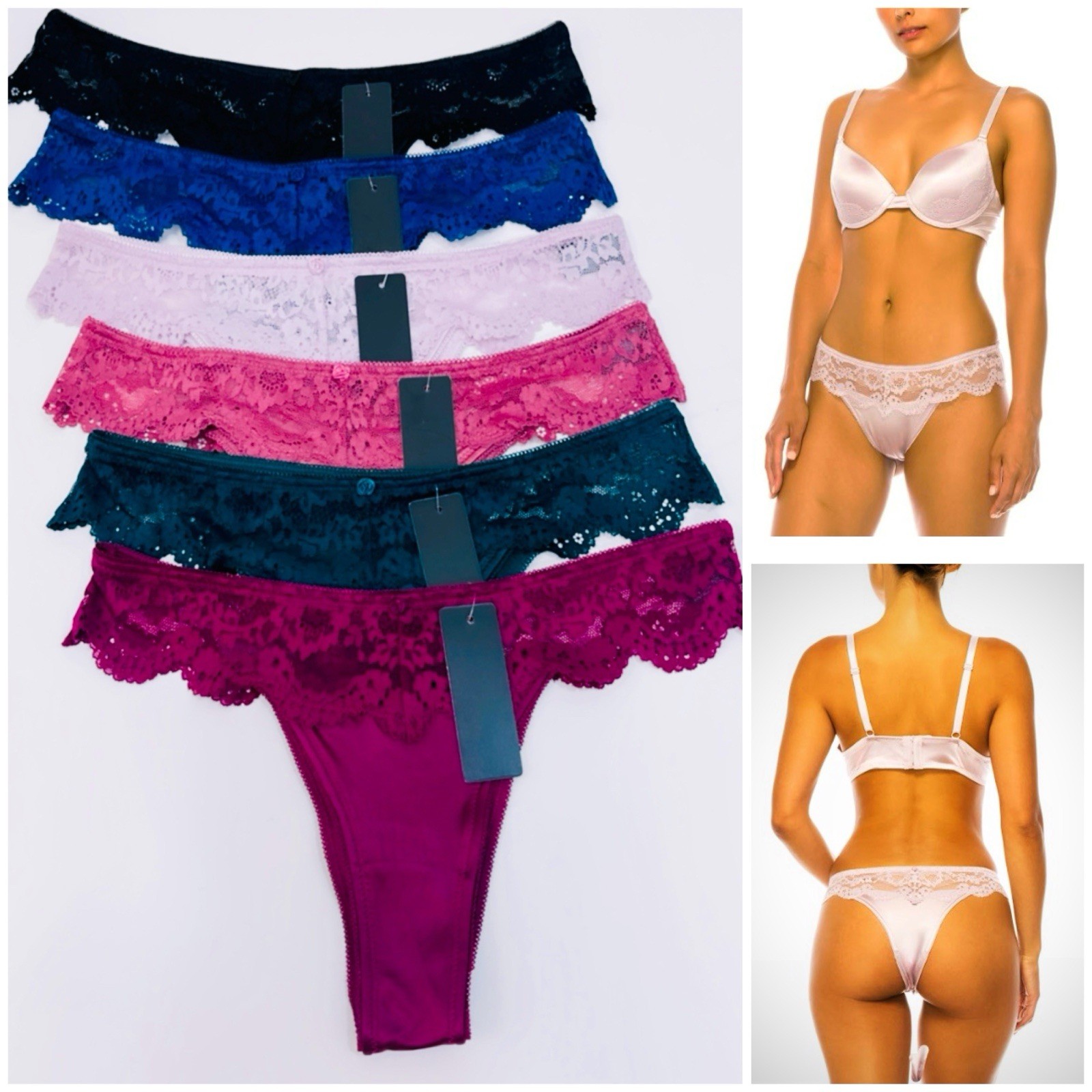 6 Pack Lot Women’s Sexy Satin Panties Lace Thong G-string Underwear Lingeries M