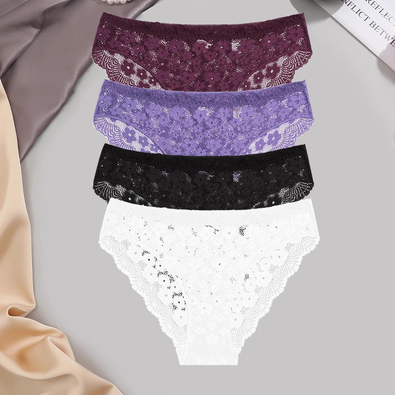Lace Floral Panties Low Rise Womens Sheer Panty Breathable Underwear 4 Pcs