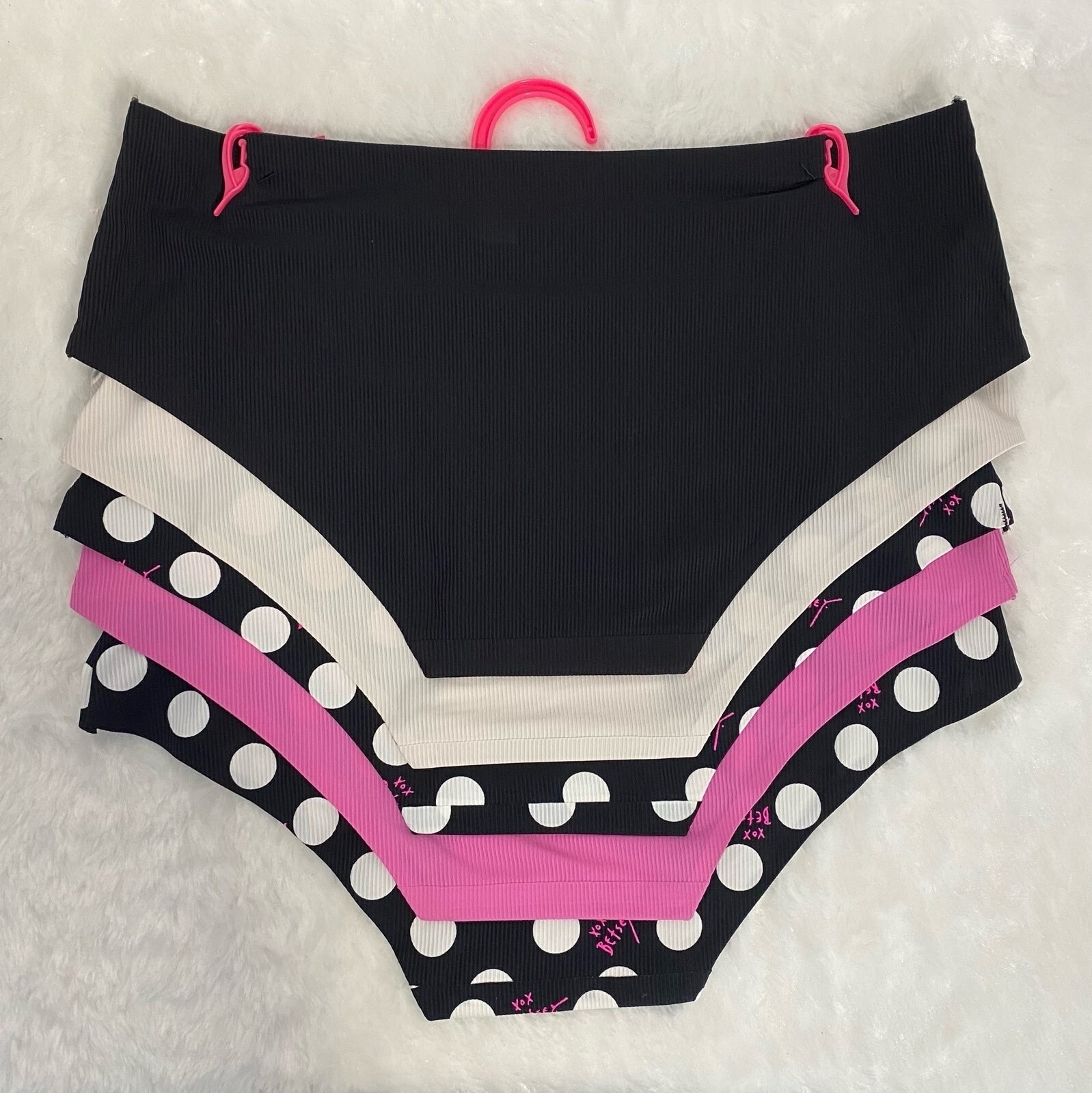 Betsey Johnson Hipster Panties Pink, Black, White Polka Dot 5 Piece Set Size L