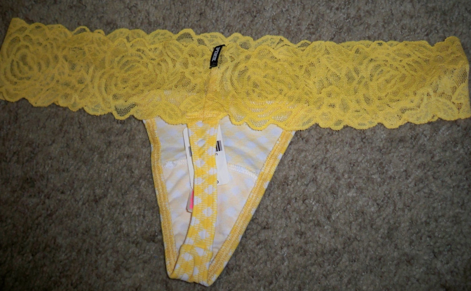 VICTORIA’S SECRET THONG YELLOW GINGHAM CHECKED LACE WAIST LARGE NEW