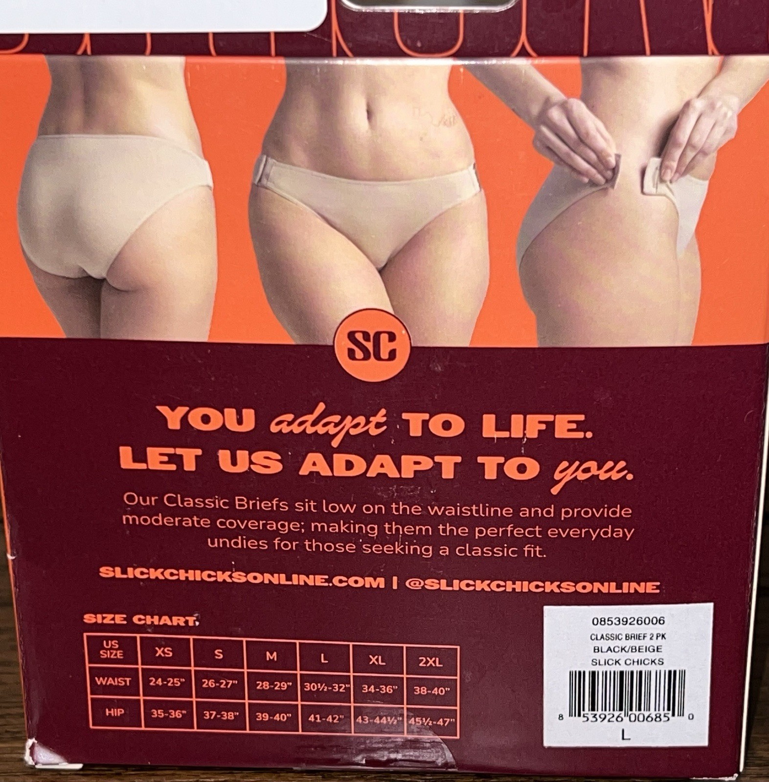 Slick Chicks Classic Briefs 2 PK Adaptive Underwear Black & Beige NIB Size Large