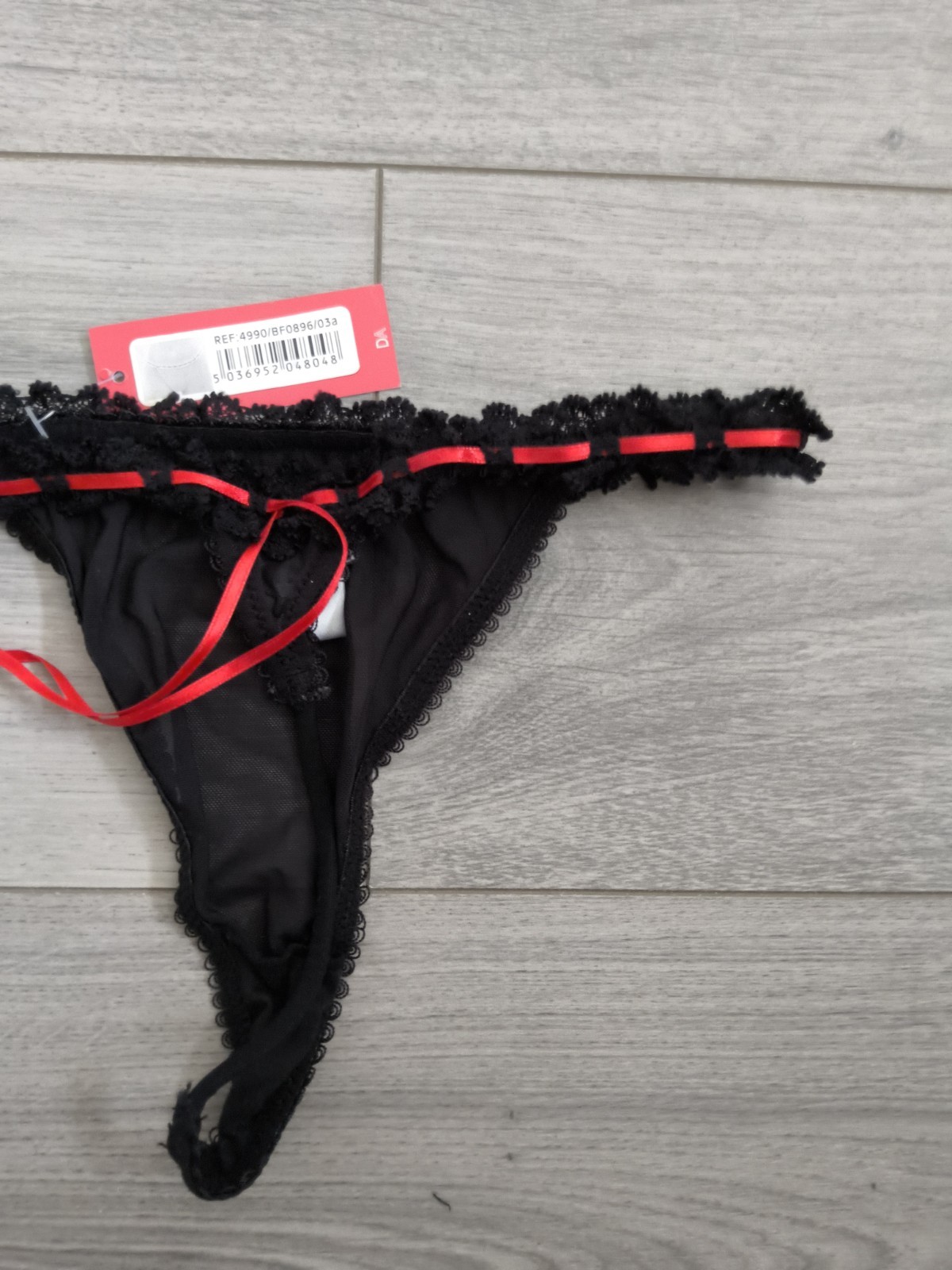 BNWT Vintage Daniel Axel Sheer Black Mesh & Ribbon Slotted Lace Thong Size 8-10