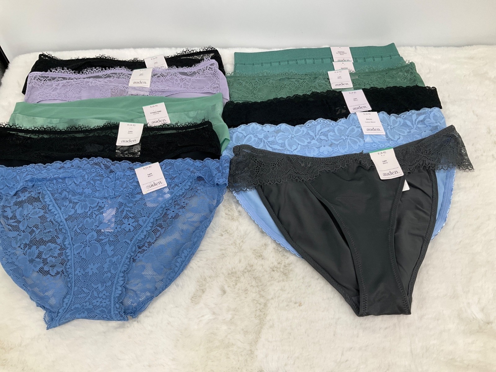 Auden 11-pr size Small 4-6 bikini panty lot—no seam, Lace, Cotton, Hipster NEW