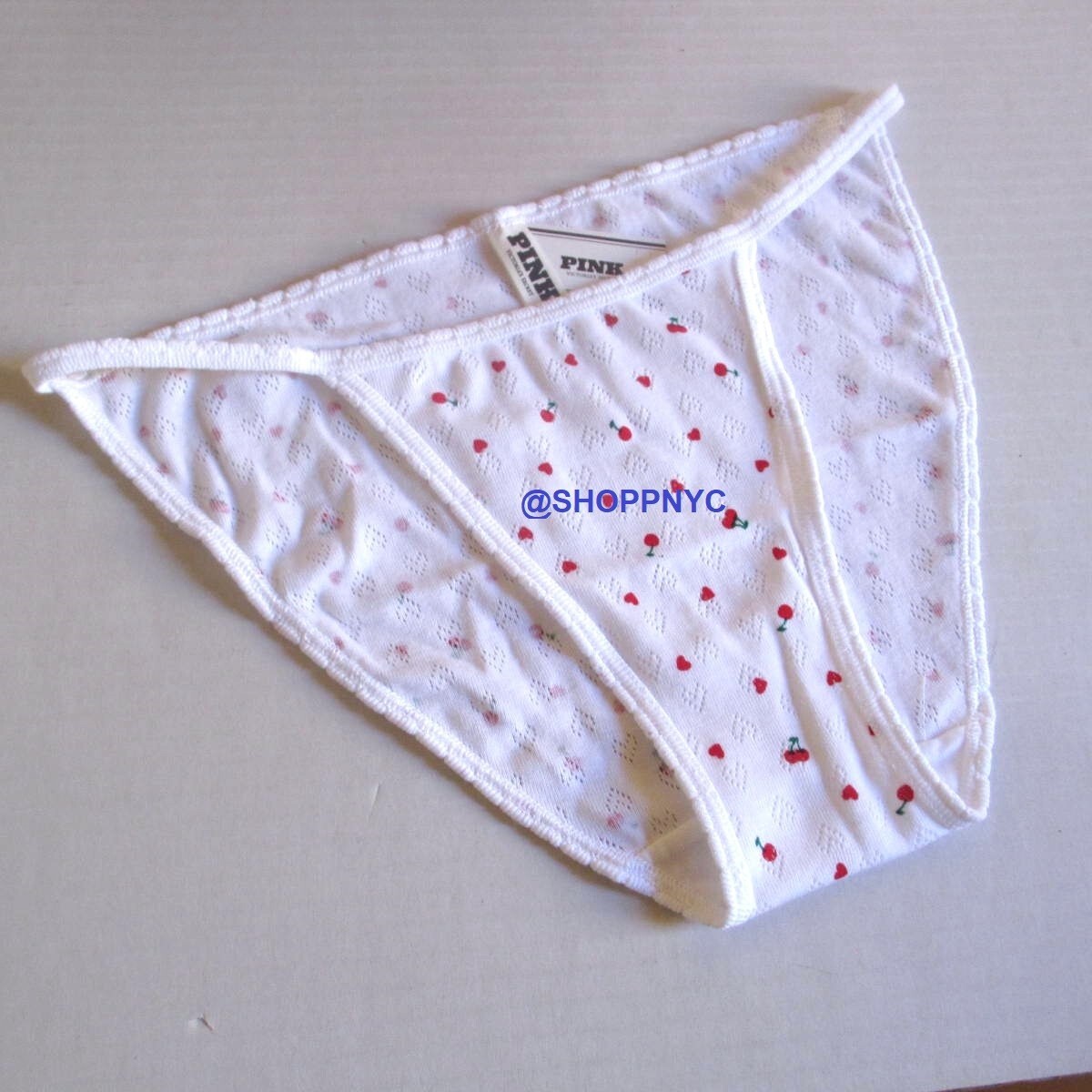 Victoria Secret PINK 100% Cotton String Bikini Panty White Red Cherry Hearts nwt