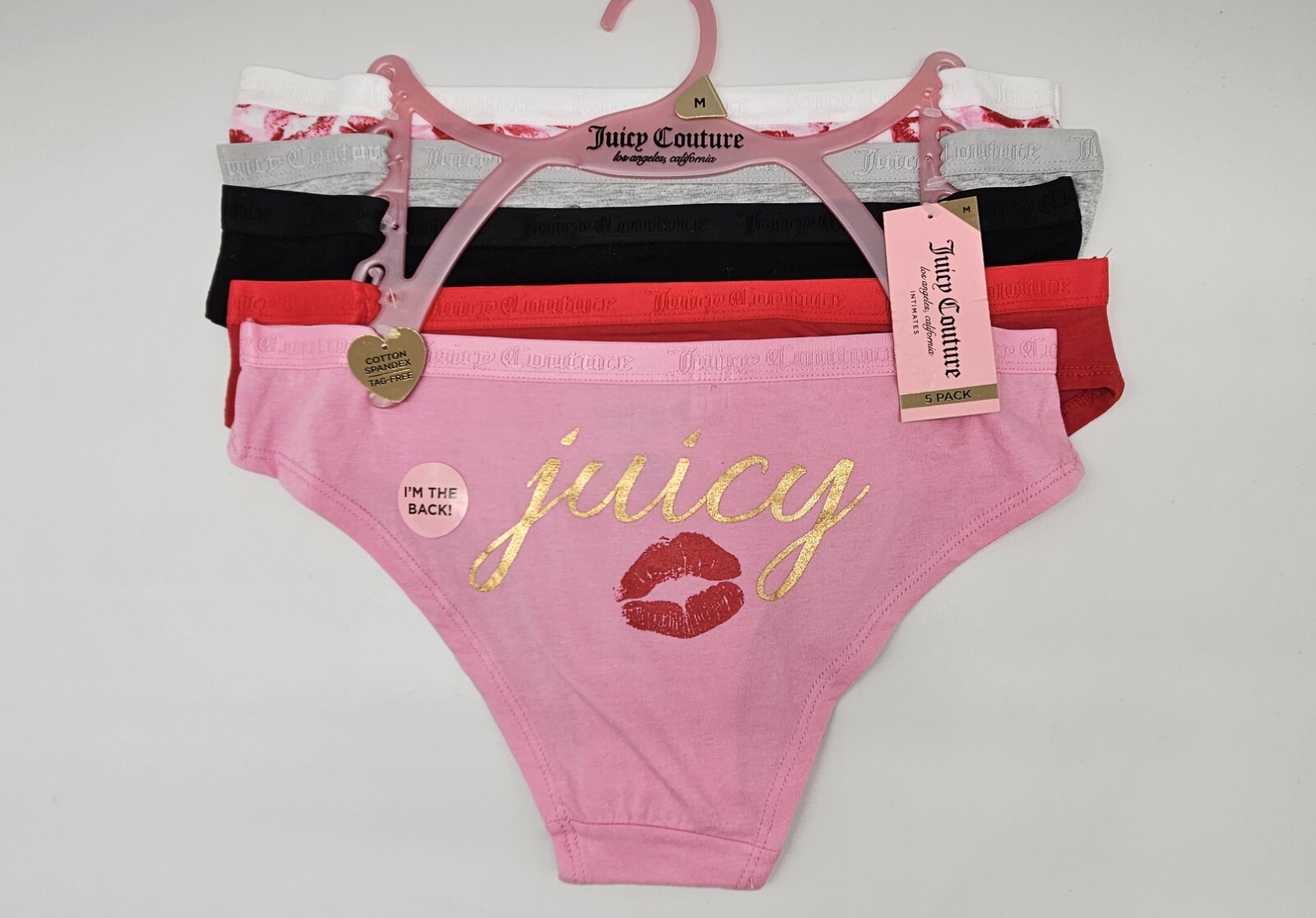 JUICY COUTURE 5 Pack Womens M L XL Cotton Logo Panties White Gray Black Red Pink