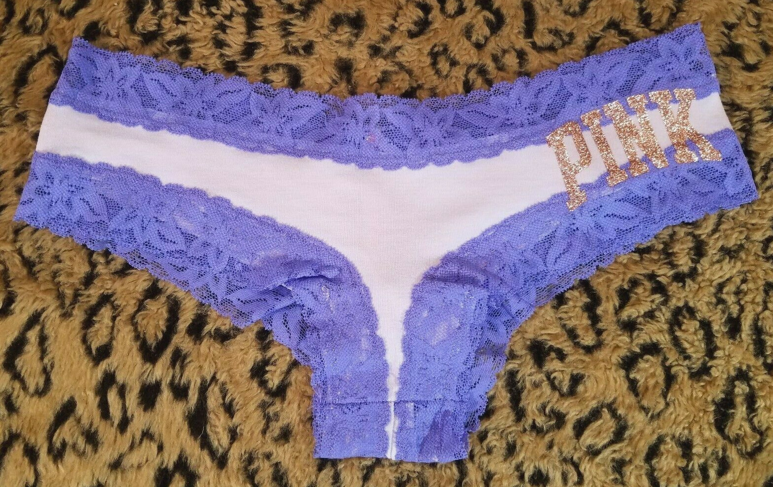Victoria’s Secret PINK Gold Glitter Logo Purple Lace Cheekster S Sexy