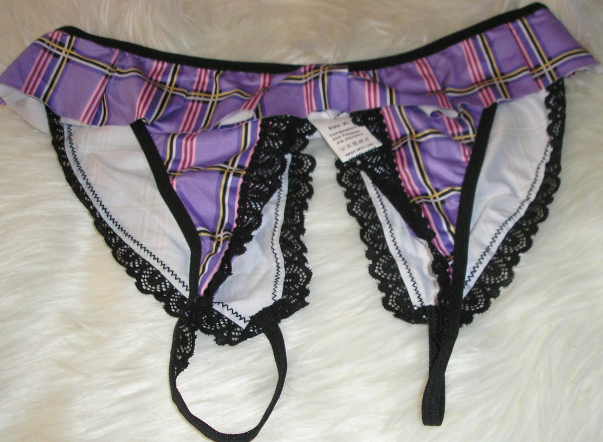 Panties Lingerie Purple Plaid Open Back & Crotchless, XL Adult Gift
