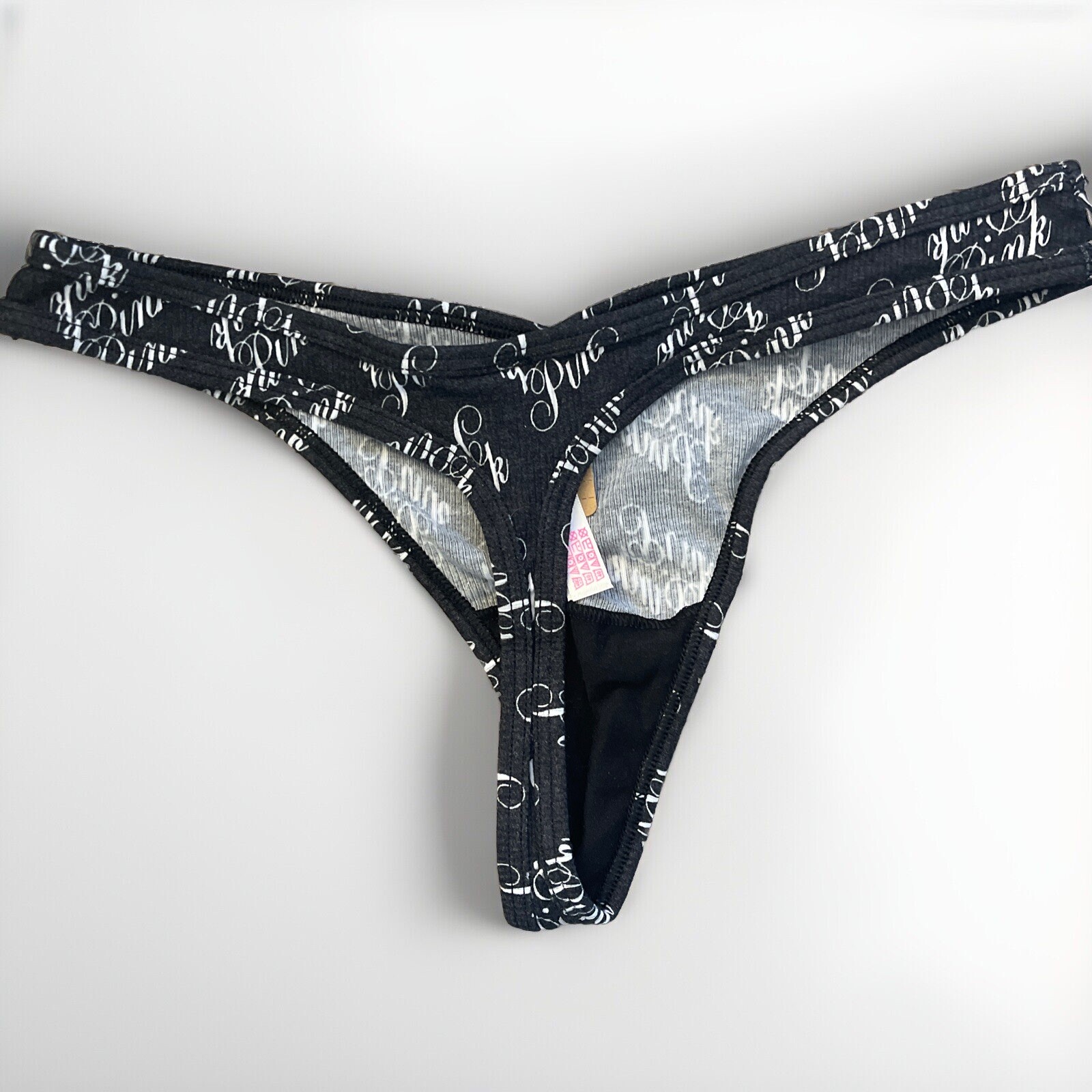 Victoria’s Secret PINK Thong String V-Cut Rib Pure Black Script Small NEW