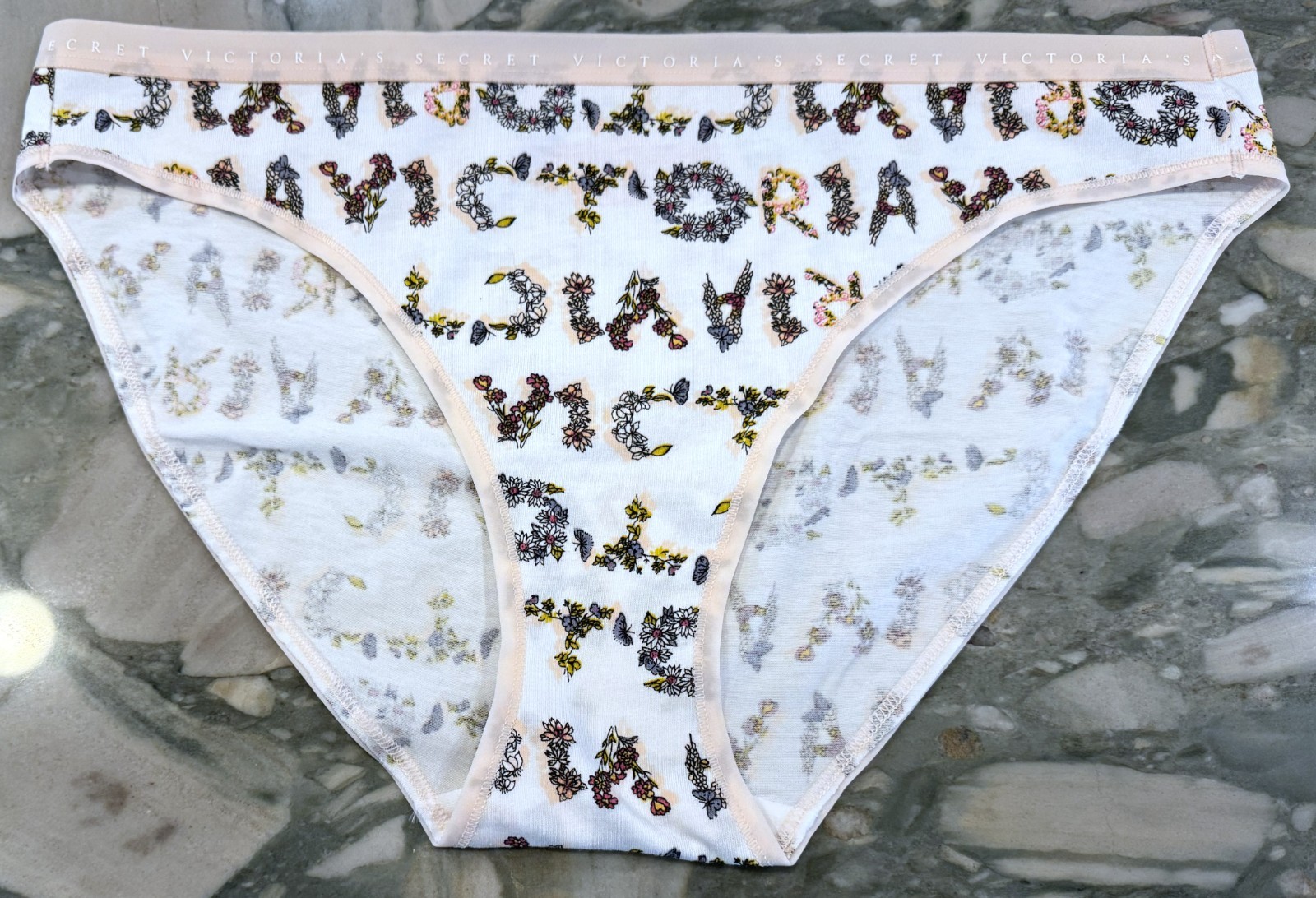 NEW Victoria Secret Cotton Bikini Panty – Pale Pink & White Floral Logo – XL