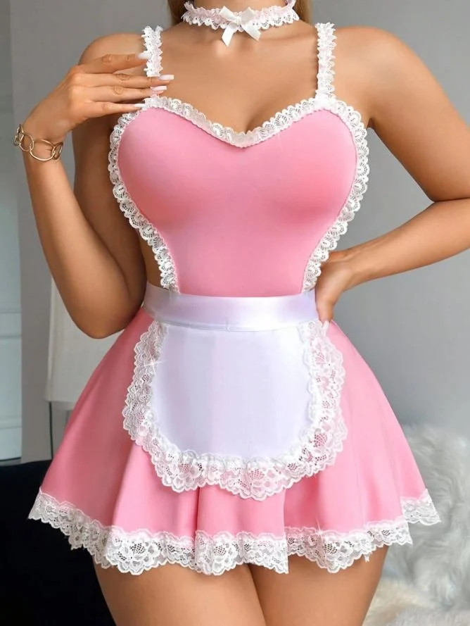 Silky feel soft pink fantasy maid lingerie nightdress 3 piece size 16-18 / XL