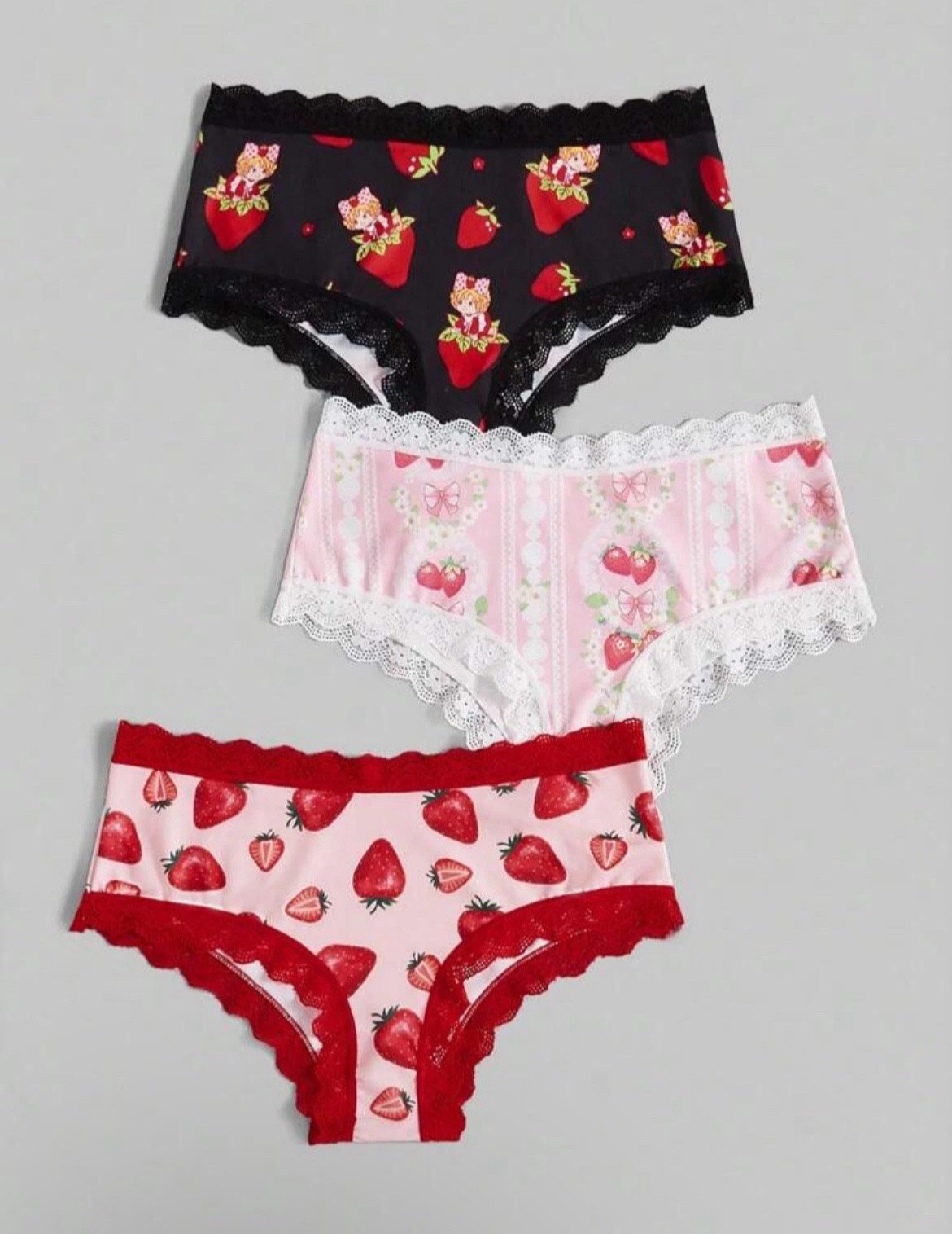 ROMWE X Strawberry Shortcake 3pc Underwear Lace Trim Panties y2k Kawaii Lolita