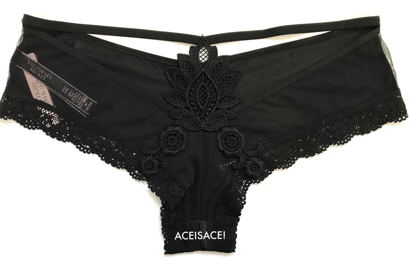 NWT* VICTORIA’S SECRET VERY SEXY Lace Applique CHEEKY PANTY—BLACK (54A2)—M/M