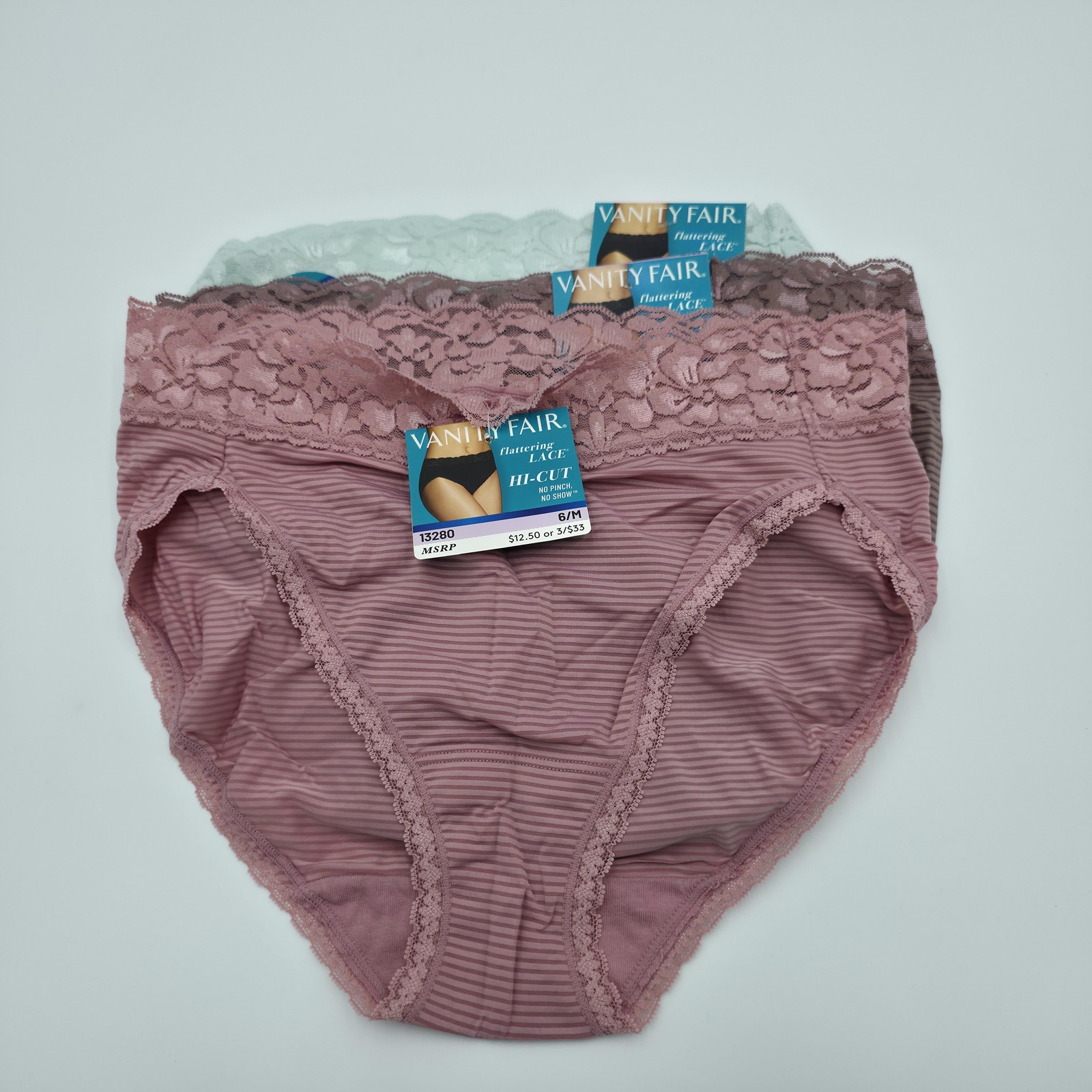 Vanity Fair Panties Womens 6/M Multicolor Flattering Lace Hi-Cut 3-Pair 13280