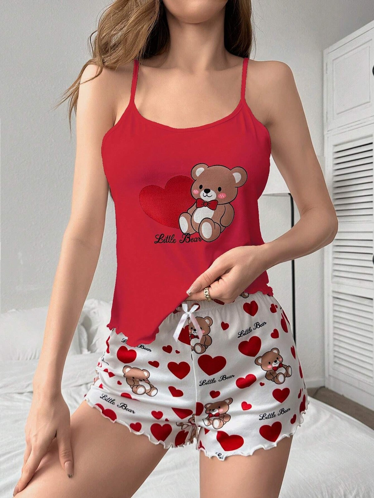 Softscene Ladies Bear Pattern Camisole Top and Shorts Pyjama Set for Cheap24