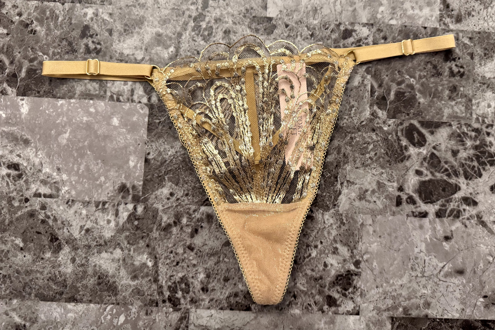 VICTORIA’S SECRET GOLD EMBROIDERED ADJUSTABLE STRAP SHOWGIRL V STRING PANTIES