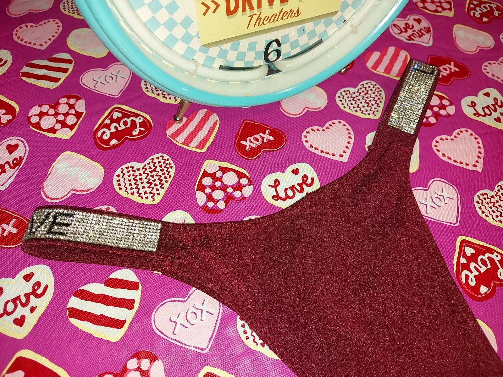 VICTORIAS SECRET BRAZILIAN BOMBSHELL BURGANDY RHINESTONE LOVE PANTY M/L NWOT