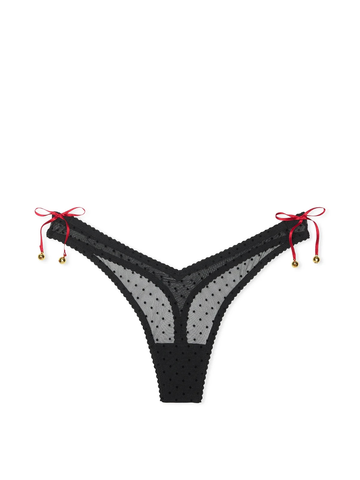 VICTORIA’S SECRET JINGLE BELLS MESH HIGH CUT LEG THONG PANTY LARGE BLACK NWT