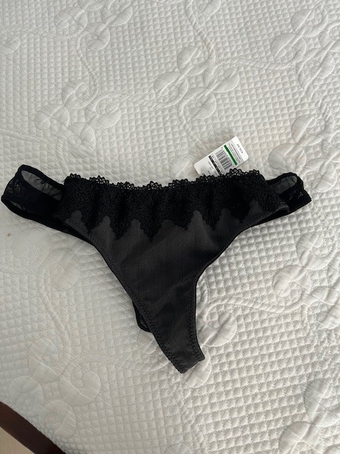 blush Ladies Black Lace Thong, Large Ash Grey Pin-stripe & Lace Front, Mesh Back