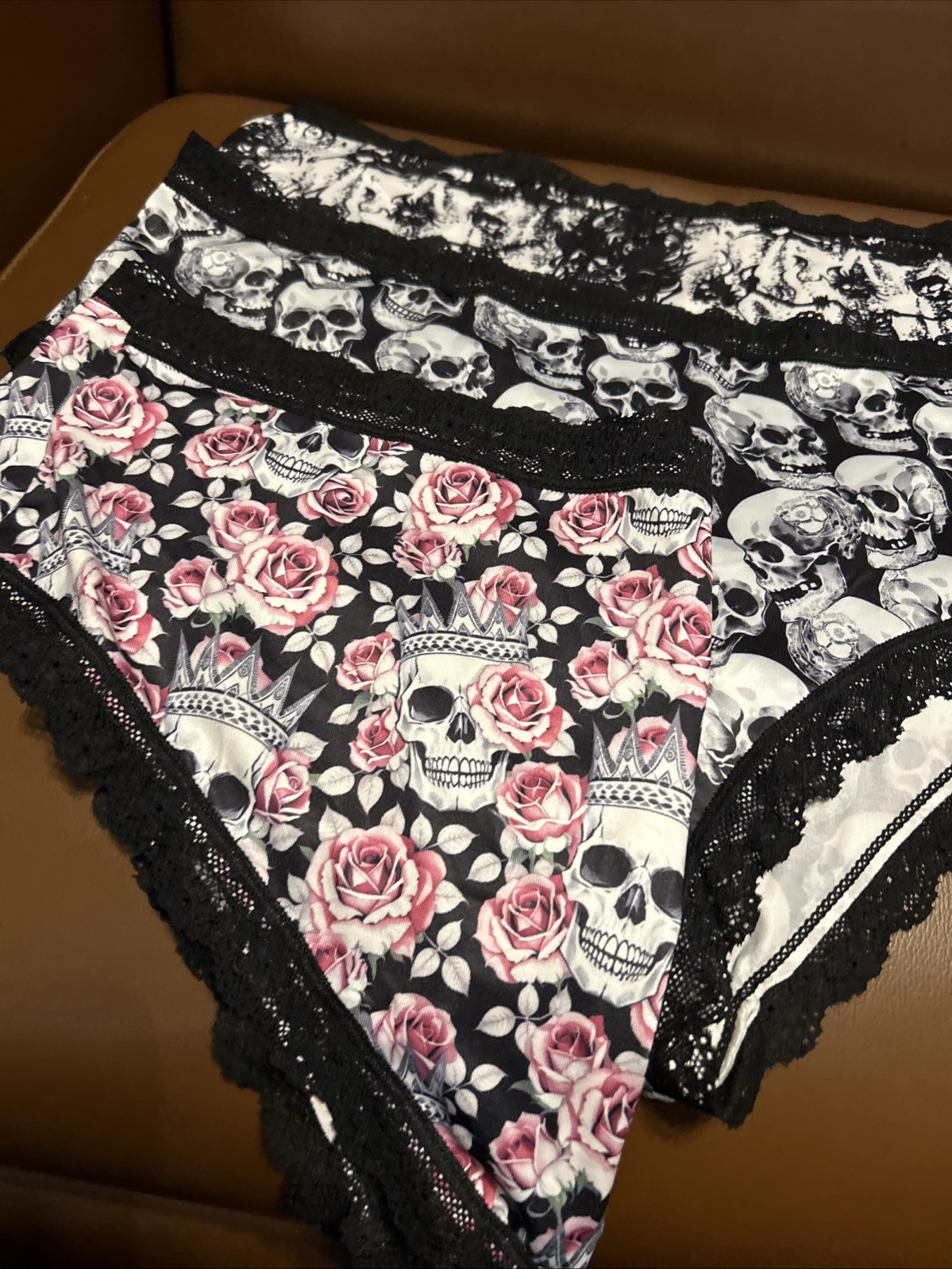 Morvia 3pk lace trim goth panties 4XL Plus Size skulls & Flowers Underwear