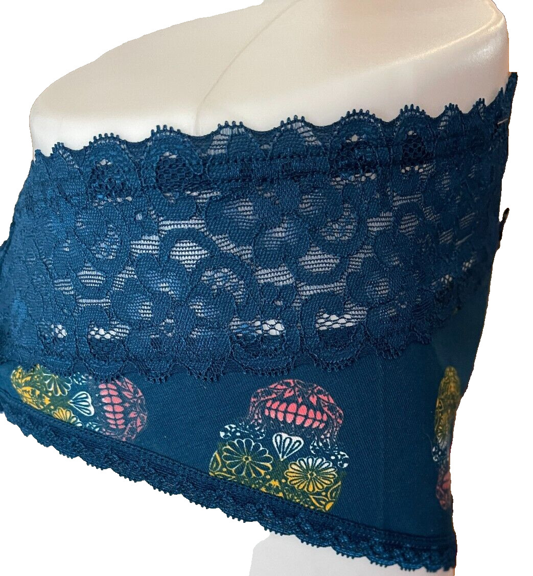 Torrid Plus 5 Teal Blue Calaveras Skull Print Wide Lace Waistband Thong Panties