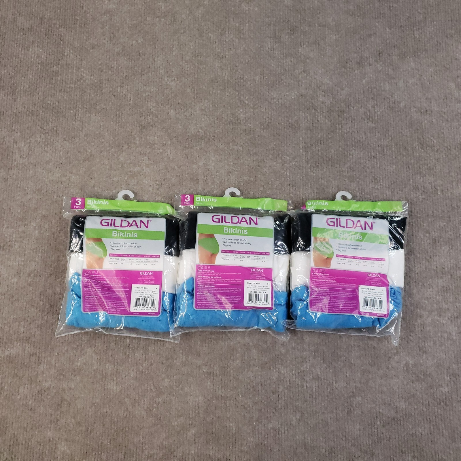 Gildan Bikini Panties Ladies Size 9 XXL Black White Blue Cotton 3 Packs