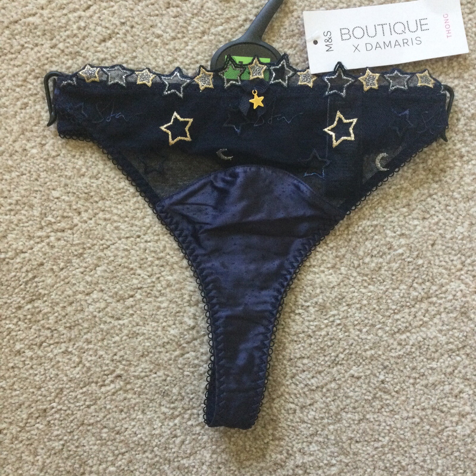 M&S Size 12 Boutique Star Embroidered Mesh Satin Astrid Thong Knickers Navy Gold