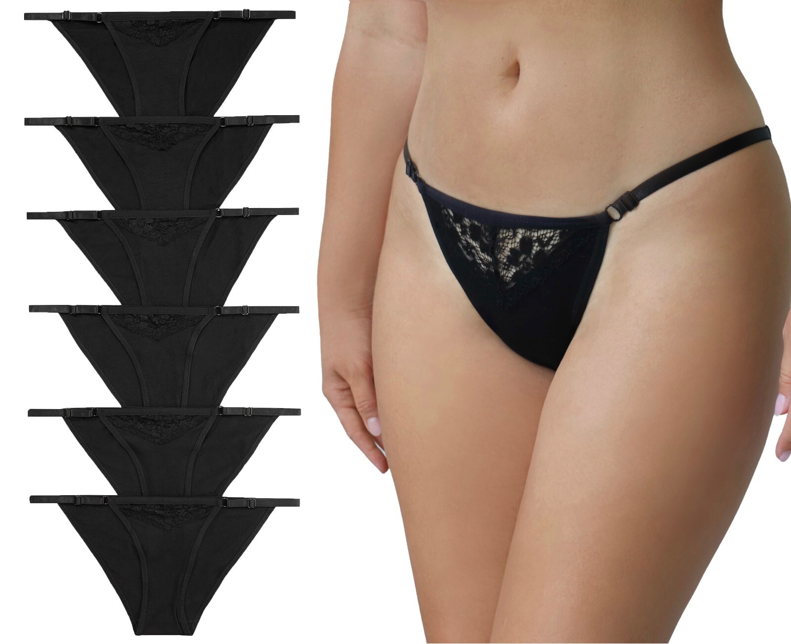 Women’s Cotton Panties Black Set Lace String Bikini Adjustable Underwear Pack 6