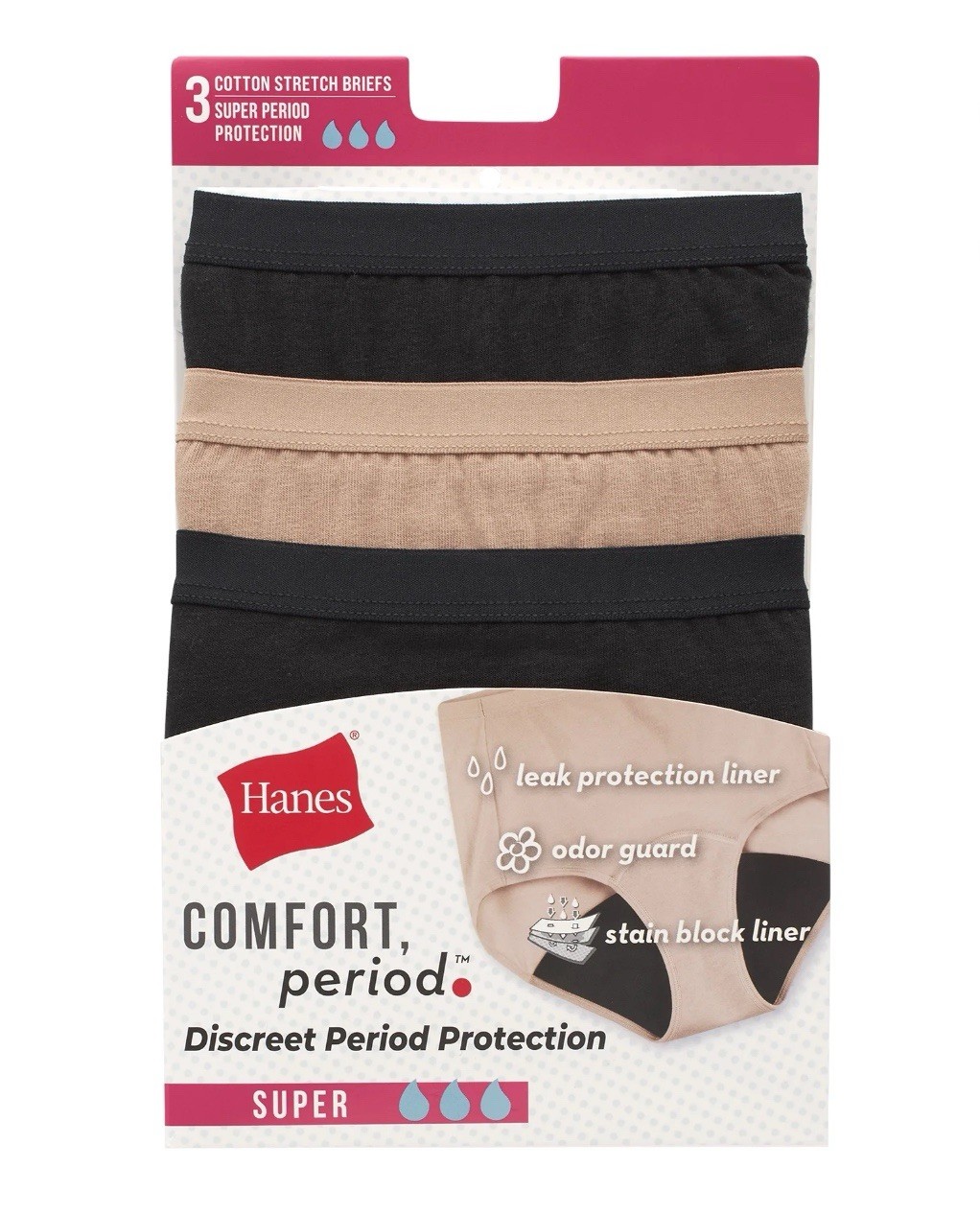 Hanes Comfort Period Briefs – 3 Pack – Super Protection Women – Size 6 (M)