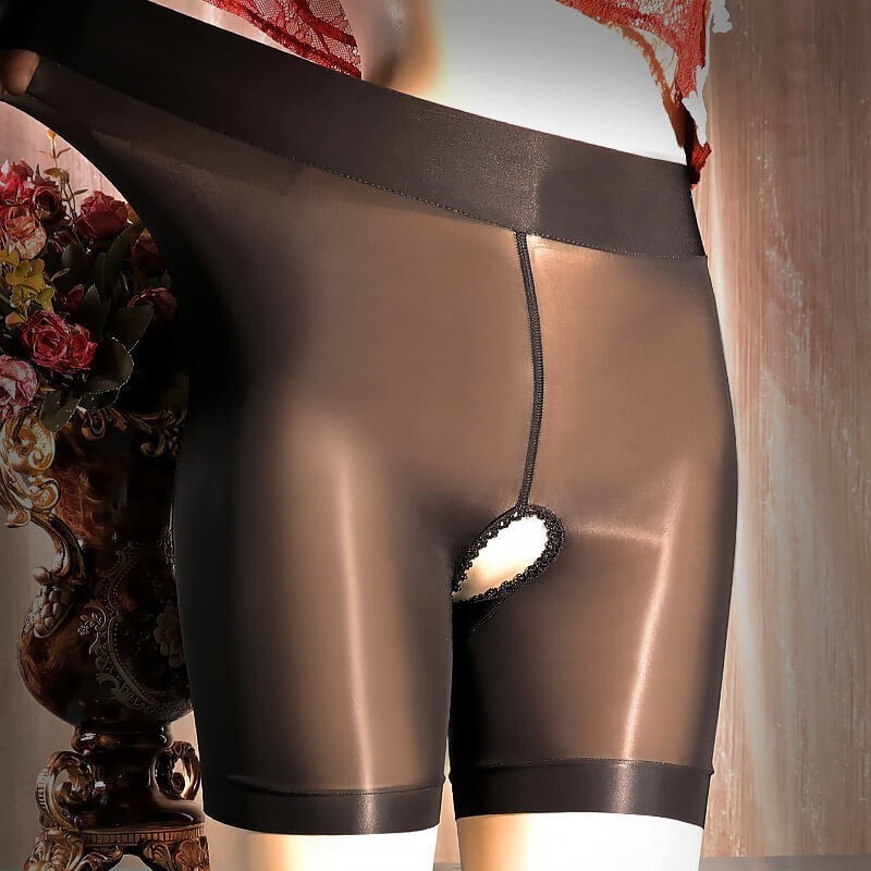 Women’s Oil Shiny Glossy Panties Underwear See Through Open Crotch Boxer Shorts