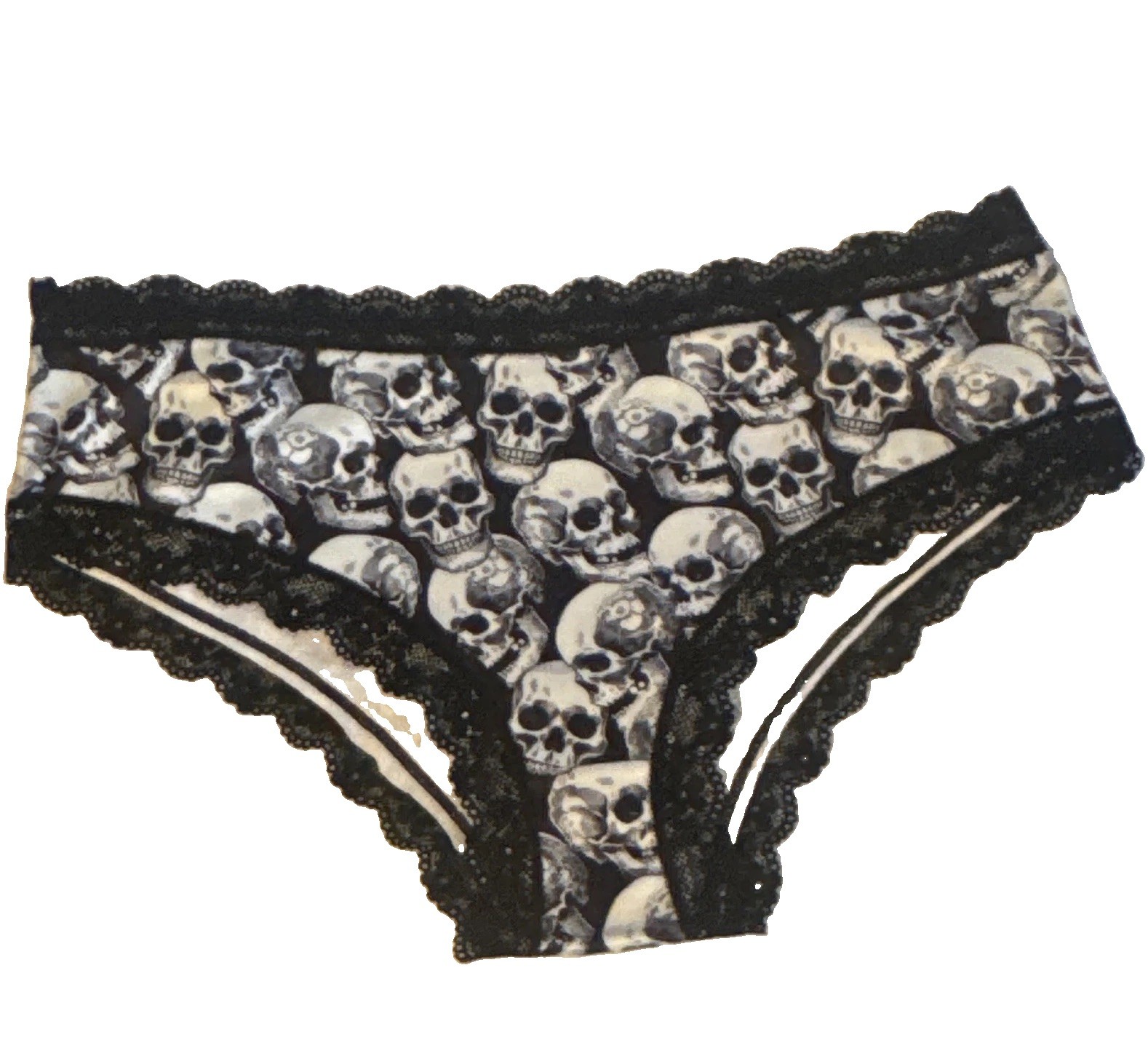 Women’s Bikini Panties Size L Black/White Skull Print Lace Trim Stretch 1-Pack