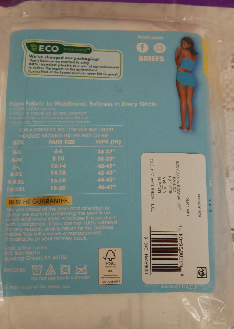 NIP WOMEN’S FRUIT OF THE LOOM 10 PAIR SZ 6/M NO RIDE UP RAVEL FREE COTTON BRIEFS