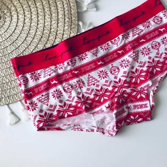 Victoria’s Secret PINK Logo Script Boyshort Panty Red Fairisle Small NEW